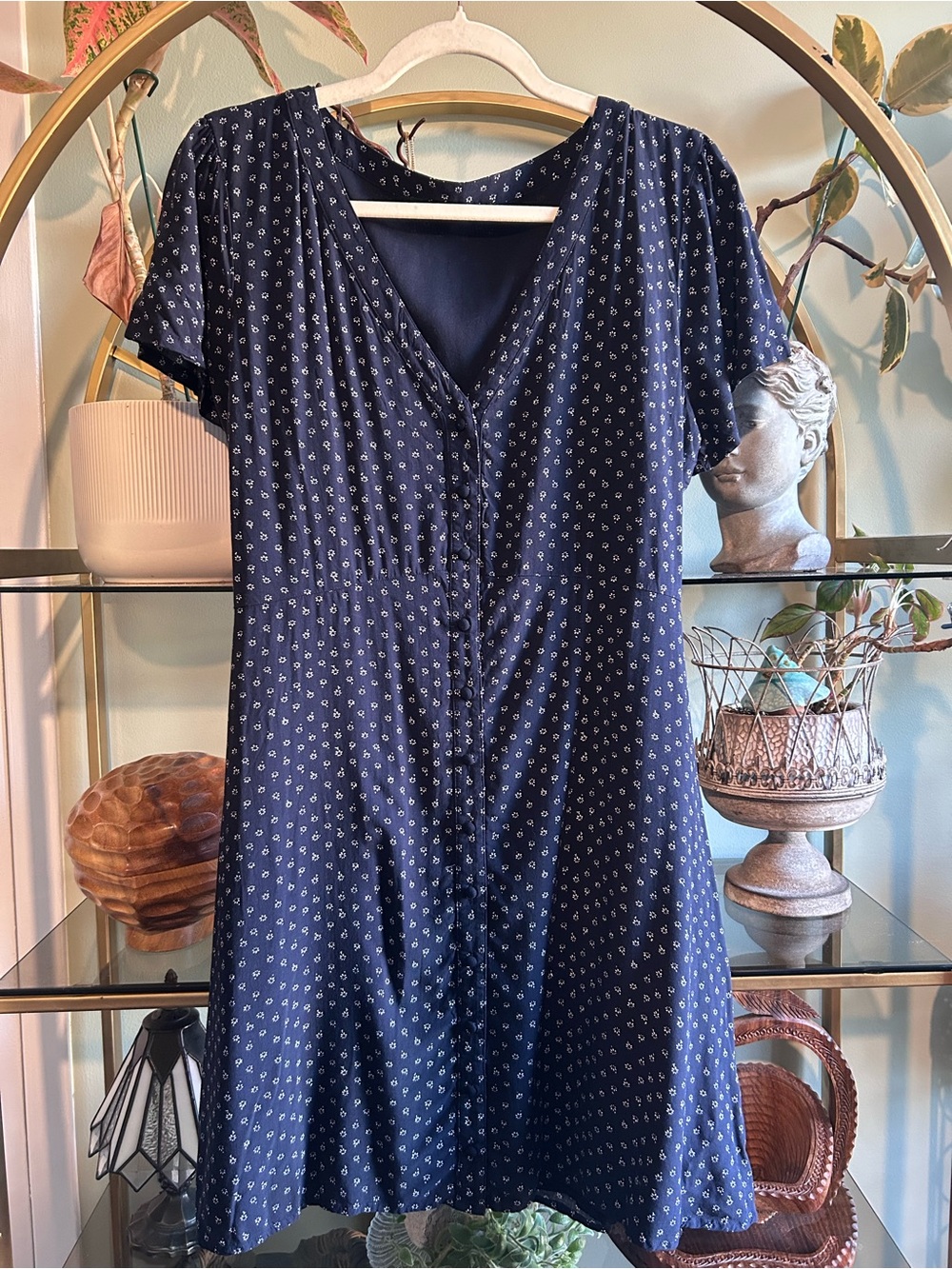 Abercrombie & Fitch Navy Mini Floral ditsy polka dot 90s tie back Dress- sz L